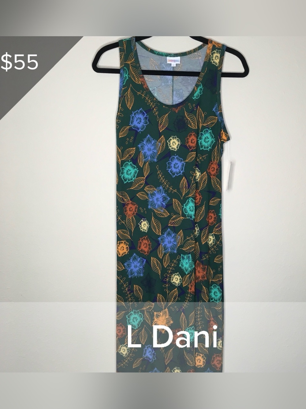 LuLaRoe Dani Maxi Tank Dress in Forest Green with Blue Teal Orange Floral L